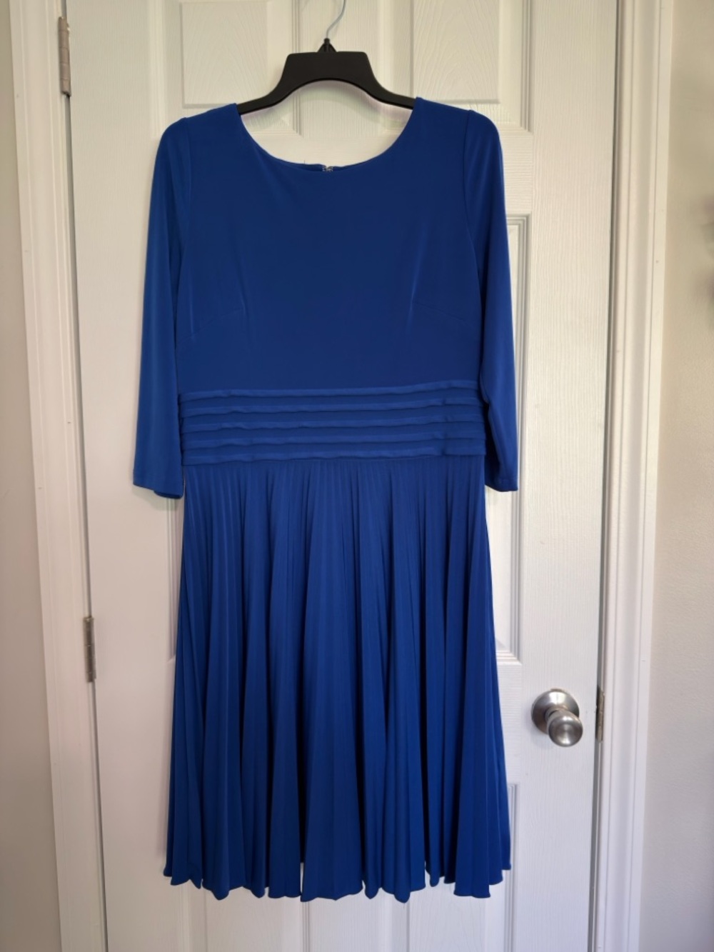 Eliza J Women's Blue Pleated Fit & Flare Lined 3/4 Sleeve Knee Length Dress 14